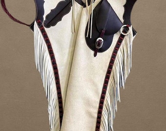 Polainas de cuero color crema con canesú y flecos marrón oscuro / Polainas de montar estilo rancho estilo western