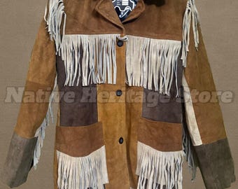 Handgemaakt suède jack met franje | Westerncowboy patchworkjas | Indiaanse stijl