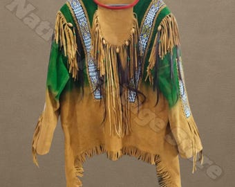 Camisa de gamuza verde con flecos hecha a mano: abalorios estilo nativo americano