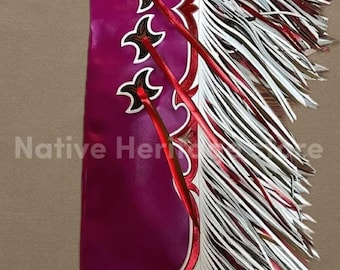 Chaparreras de rodeo moradas hechas a mano con flecos rojos y blancos / Chaparreras personalizadas para espectáculos del oeste