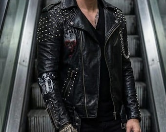 Chaqueta de cuero estilo motero con tachuelas para hombre – Abrigo de estilo punk rock, motociclista y urbano gótico