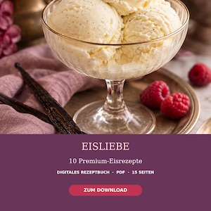 Op de afbeelding: Een digitaal receptenboek getiteld EISLIEBE 10 Premium-Eisrezepte, met een glazen kom vanille-ijs met zichtbare spikkels, verse frambozen en vanillestokjes. De tekst bevat DIGITALES REZEPTBUCH, PDF, 15 SEITEN en ZUM DOWNLOAD.