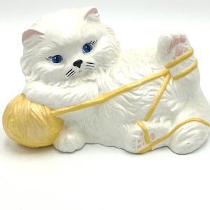 Cat 1970s Handmade Ceramic Persian Cat playing with Yarn - Large