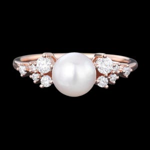 14k Gold Plated Pearl Ring Sterling Silver Dainty Engagement Ring for Women Real Pearl Solitaire Band Proposal Ring Moissanite Accented Gift