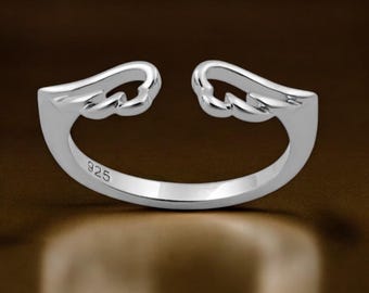 Sterling Silver Angel Wing Ring, Adjustable Feather Jewelry