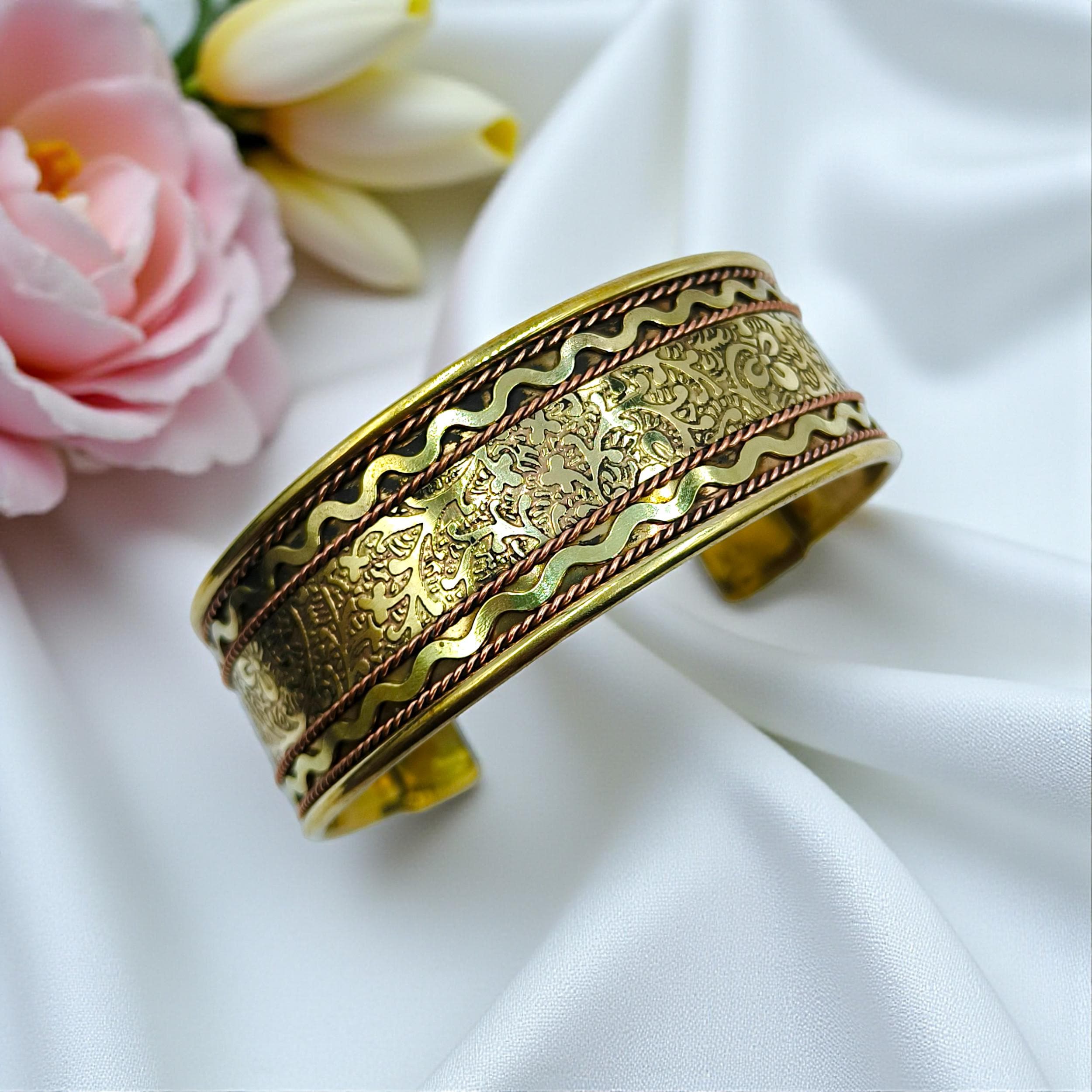 Antique Brass Floral Cuff Bracelet: Adjustable Boho Tribal Bangle