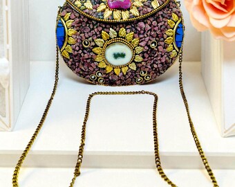 Boho Mosaic Gemstone Clutch: Pink Tourmaline, Lapis, Druzy, Gold Leaf