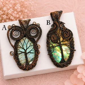 Copper Wire Wrapped Abalone Shell Tree of Life Pendant, Handmade Iridescent Abalone Necklace, Boho Artisan Wire Wrapped Gift For Her