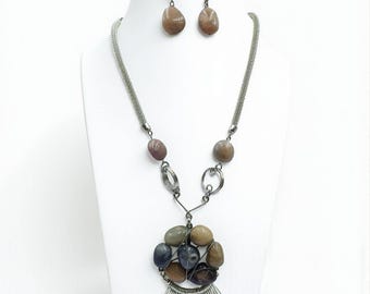 Boho Agate Stone Necklace & Earring Set: Handmade Silver Tone Alloy