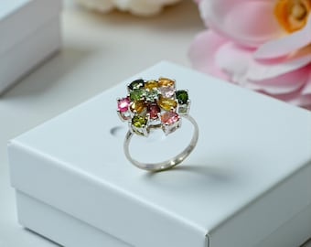 Tourmaline Cluster Ring, 925 Sterling Silver Floral Statement, Size 7