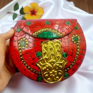 Red Mosaic Hamsa Hand Clutch: Boho Brass Inlay Crossbody Bag