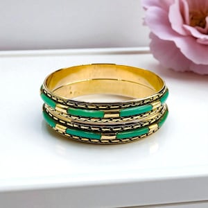 Green Enamel Brass Bangle – Handcrafted Gold-Tone Bangle with Intricate Detailing | Ethnic Boho Jewelry | Polished Finish Bracelet