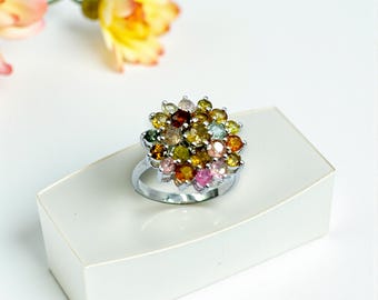 Multicolor Tourmaline Cluster Ring, 925 Sterling Silver Statement Jewelry