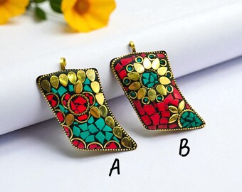 Handmade Mosaic Brass Pendant: Red & Turquoise Boho Necklace (71x37mm) - Design A/B