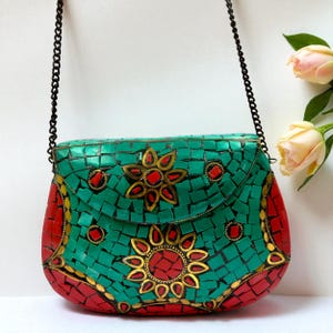 Mosaic Turquoise Sling Bag: Boho Brass Chain Crossbody Purse