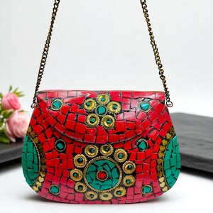 Red Coral Mosaic Sling Bag: Turquoise Floral Brass Crossbody Purse