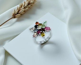 Handmade Sterling Silver Multi-Colour Tourmaline Flower Ring, US Size 5.5