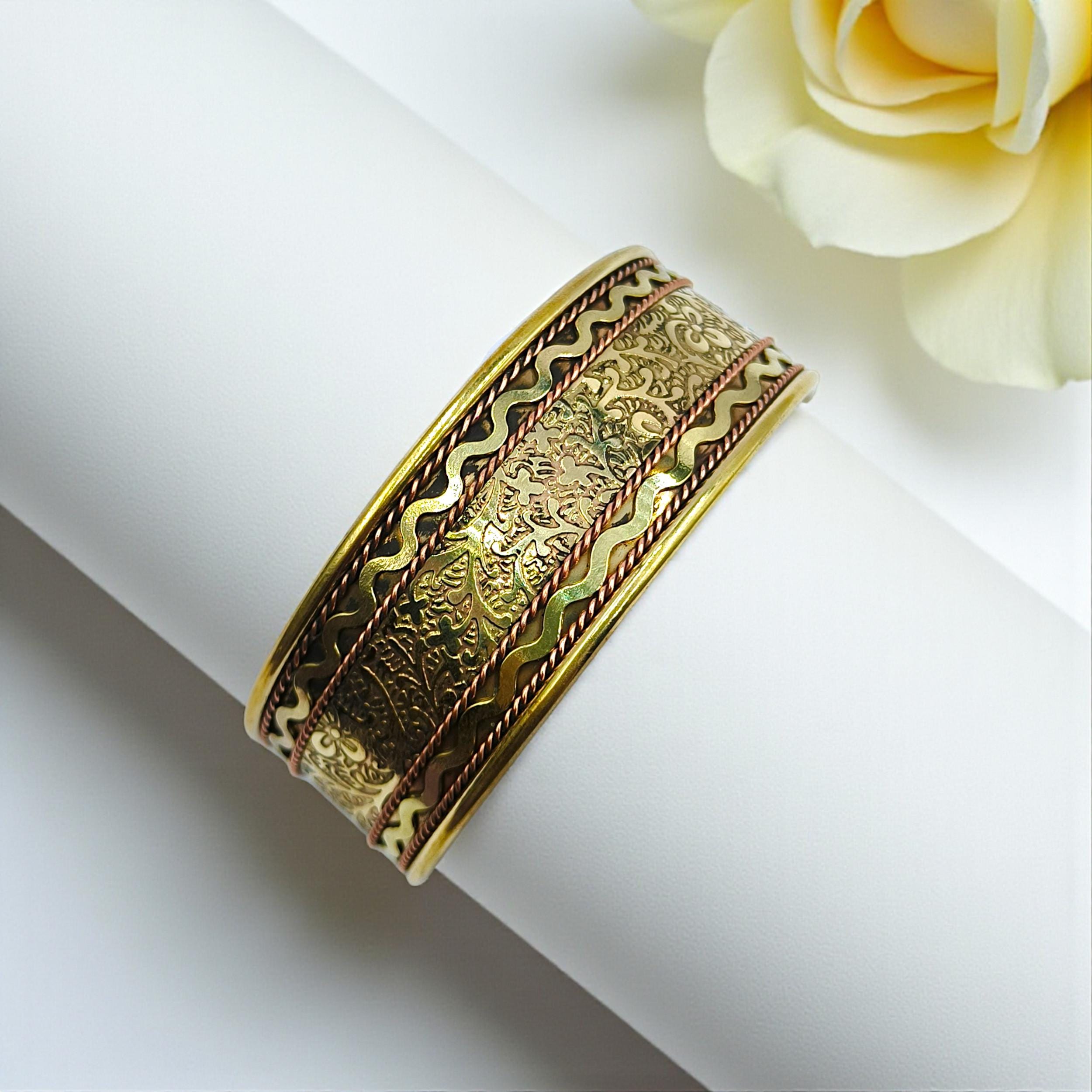 Antique Brass Floral Cuff Bracelet: Adjustable Boho Tribal Bangle