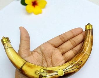 Tribal Crescent Bone Pendant: Buffalo Bone with Brass Inlay