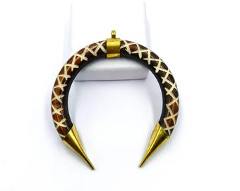 Buffalo Bone Crescent Pendant, Tribal Brass Spikes, Boho Connector