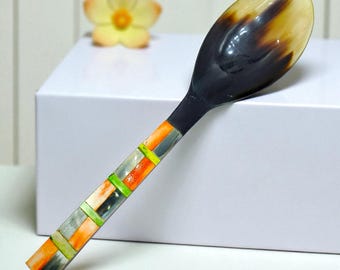 Handcrafted Buffalo Horn Spoon: Colorful Inlay Handle, Artisan Cutlery