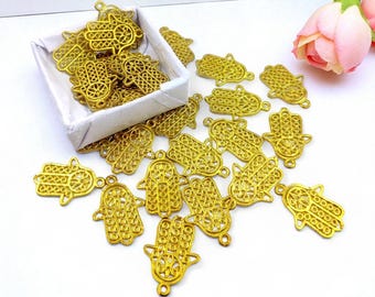 Gold Hamsa Hand Charms: Filigree Brass Pendant, Evil Eye Protection