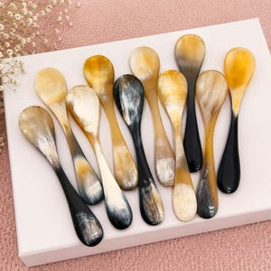 May include: A collection of ten small spoons crafted from natural horn, each featuring a unique blend of translucent amber, cream, and deep black marbled patterns. The spoons have smooth, rounded bowls and slender handles, showcasing organic variations in color and texture across the set.