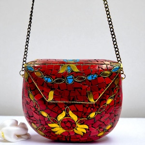 Mosaic Boho Crossbody Bag: Red Coral & Turquoise Brass Clutch