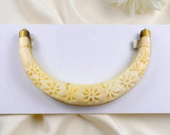 Floral Carved Bone Crescent Pendant: Ethically Sourced Buffalo Bone, Brass Caps
