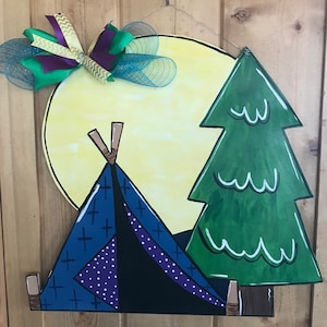 Camping door hanger, Summer door hanger, Tent Door Hanger, Wooden door hanger, Custom door hanger, Camping wreath