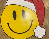 Christmas door hanger, Smiley face Door hanger, Santa hat door hanger, Santa door hanger, wooden door hanger, Christmas wreath