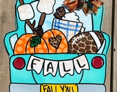 Truck door hanger, Fall door hanger, Leopard print door hanger, Truck with pumpkin door hanger, wooden door hanger, fall wreath