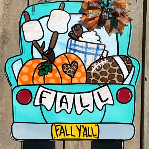 Truck door hanger, Fall door hanger, Leopard print door hanger, Truck with pumpkin door hanger, wooden door hanger, fall wreath