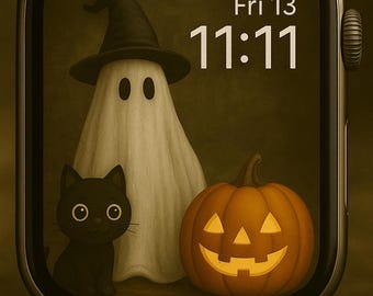 Spooky Halloween Apple Watch Face, Ghost Pumpkin Black Cat (Digital Download)