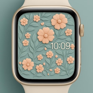 Persikofärgad blommig Apple Watch-bakgrund: Salviagrön design (digital nedladdning)
