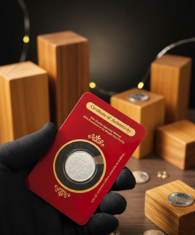 May include: A silver coin in a clear case, held in a gloved hand, with a red Certificate of Authenticity card. The card has gold accents and text. Wooden blocks are in the background. The coin is a collectible item.