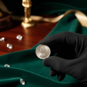 May include: A silver coin featuring a profile of a person, held by a gloved hand. The coin is set against a backdrop of green velvet and scattered gemstones. A golden statue is visible in the background.