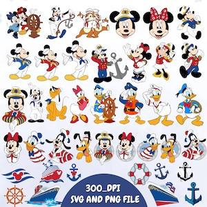 May include: A collection of colorful cartoon illustrations featuring Mickey Mouse, Minnie Mouse, Donald Duck, Goofy, and other Disney characters in nautical attire. Includes images of anchors, ships, and steering wheels. Text reads "300_DPI SVG AND PNG FILE."