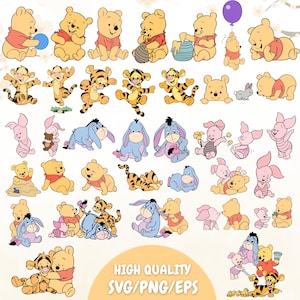 May include: A collection of cartoon illustrations featuring Winnie the Pooh, Tigger, Piglet, Eeyore, and other characters. The characters are in various poses, with a purple balloon and the text "HIGH QUALITY SVG/PNG/EPS".