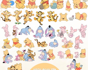 Winnie the Pooh Changeable SVG PNG Bundle, Pooh Bear Clipart, Baby Shower Sublimation Tigger, Eeyore, Piglet Kids, Digital File