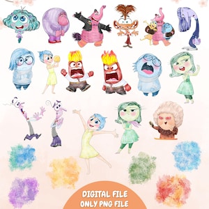 May include: Watercolor illustrations of characters from the animated movie Inside Out. The characters are depicted in various poses and expressions, with a variety of colors. The image also includes colorful paint splotches and text that reads "DIGITAL FILE ONLY PNG FILE."