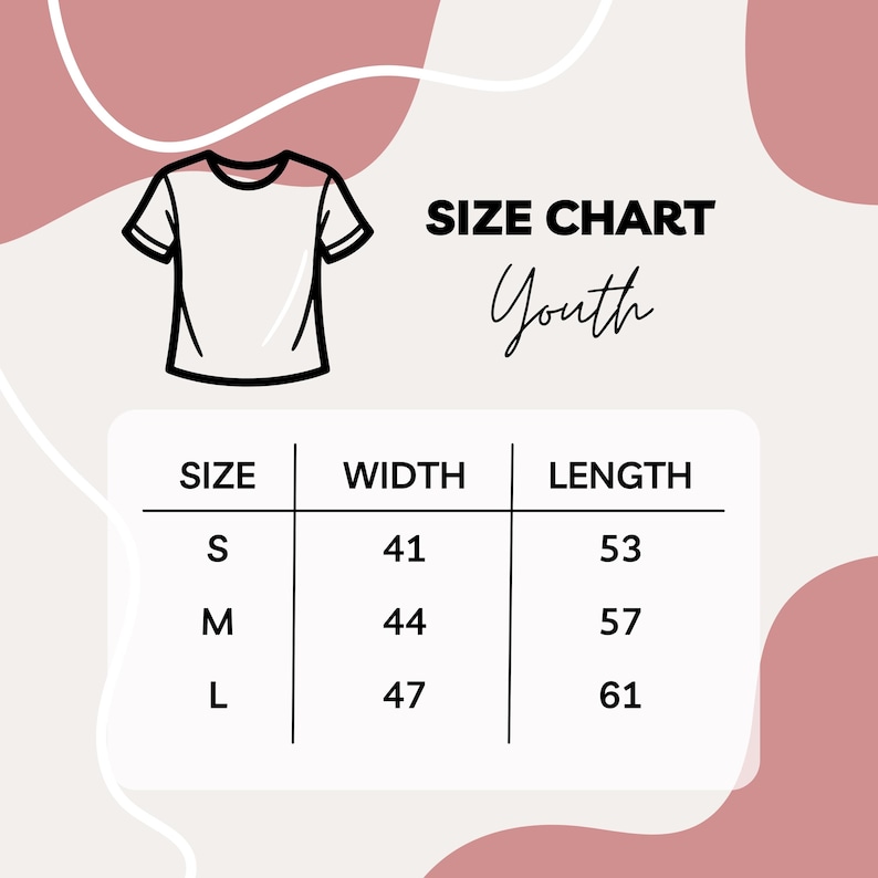 May include: A white t-shirt outline with a size chart for youth sizes. The chart shows sizes S, M, and L, with corresponding width and length measurements in centimeters. The text "SIZE CHART Youth" is displayed in the image.