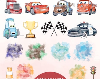 May include: Watercolor illustrations of cartoon vehicles, including a red semi-truck, a red race car, a brown tow truck, and a red fire truck. Other elements include a gold trophy, checkered flags, and a police car. The image also contains colorful watercolor paint splotches and a traffic cone.