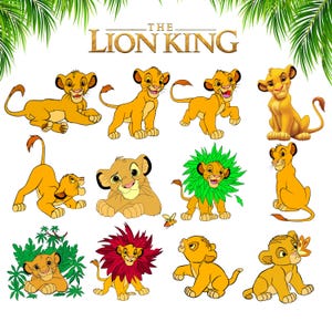 Puede incluir: Una colección de doce ilustraciones que muestran a Simba de El Rey León en varias poses, incluyendo sentado, acostado y jugando con hojas o una mariposa, sobre un fondo blanco con hojas de palmera verdes en las esquinas superiores.