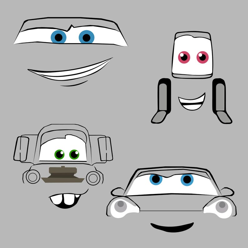 Pu&ograve; includere: Una collezione di facce di auto dei cartoni animati in varie espressioni. I volti sono principalmente grigi con accenti bianchi e presentano occhi blu, verdi e rosa. Ogni volto ha una forma della bocca unica, creando un design giocoso e animato.