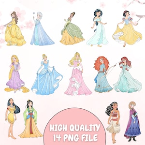 May include: A set of 14 PNG files showcasing illustrations of Disney princesses in their signature dresses. The princesses are rendered in a vibrant, hand-drawn style, with a pink circle containing the text "HIGH QUALITY 14 PNG FILE".
