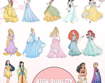 Paquete de imágenes PNG de princesas en acuarela, imágenes prediseñadas de princesas en acuarela: Elsa, Aurora, Sirena, Anna, Jasmine, Tiana, Bella, Diana y Luna. Archivo digital.