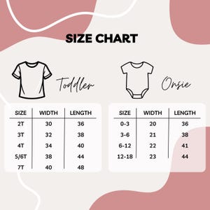 May include: A size chart for toddler t-shirts and onesies. The chart includes sizes, widths in inches, and lengths in inches. The text "SIZE CHART" is at the top. The chart is on a light pink background with abstract shapes.