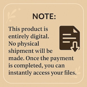 Pu&ograve; includere: Grafica beige con la parola "NOTA:" in alto, che indica che il prodotto &egrave; digitale. Indica che non viene effettuata alcuna spedizione fisica. Un'icona del documento con una freccia verso il basso &egrave; a destra.