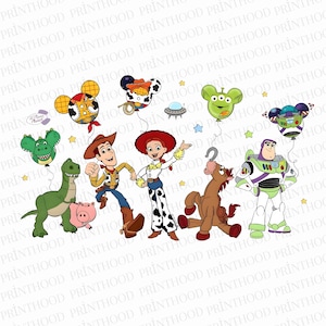 May include: A vibrant illustration showcasing characters from Toy Story. Woody, Jessie, and Buzz Lightyear are shown with other characters and balloons. The image has a lively, animated style, suitable for children's merchandise.